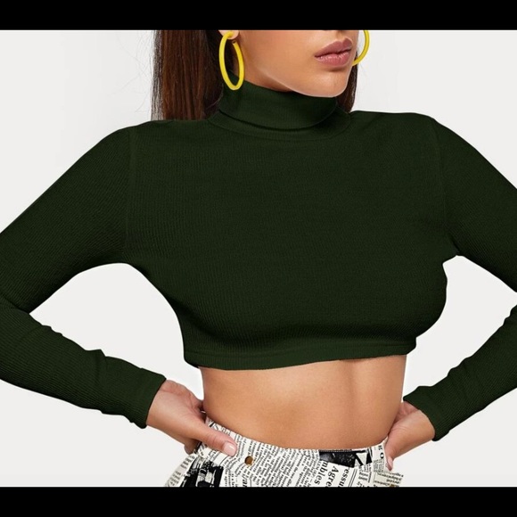 Turtle Neck Rib-Knit Crop Top - Picture 3 of 4